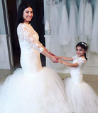 Long Short Sleeves Mermaid Lace Appliques Tulle Flower Girl Dress Wedding Party Dress PW119