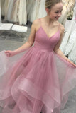 Sparkly Spaghetti Straps Pink V Neck Backless Prom Dresses, Dance Dresses PD10