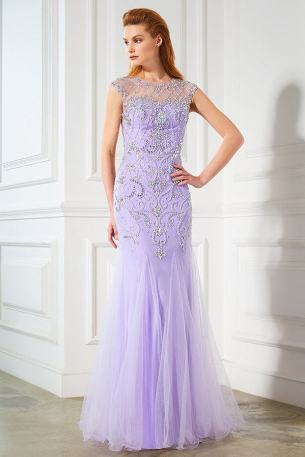 Elegant Mermaid Lavender Scoop Cap Sleeve Beads Tulle Yarn Floor-Length Prom Dresses uk PH220
