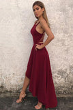 Unique A Line Burgundy High Low Sleeveless Backless Prom Dress Cheap Evening Dress P1341