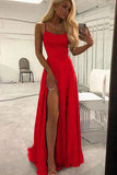 Unique A Line Red Spaghetti Straps Satin Prom Dresses, Long Cheap Evening Dresses P1532