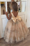 Princess Ball Gown Champagne Sequins Bowknot V Back Flower Girl Dresses FG1012