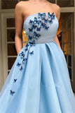 Unique A Line Blue Strapless Tulle Prom Dress with Butterfly Pockets Formal Dress P1317
