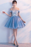 Cute A Line Off the Shoulder Above Knee Blue Short Prom Dresses, Homecoming Dresses PW946