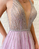 A Line Lilac Deep V-Neck Beads Modest Tulle Prom Dress Long Formal Dress P1390