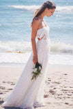 A-Line White Sweetheart Strapless Lace Long Beach Open Back Wedding Dresses PM268