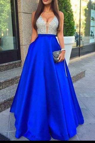 Elegant Royal Blue V-Neck Long Beading Satin Prom Dress