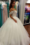 Wonderful Ball Gown Beaded Off the Shoulder Sweetheart Tulle White Wedding Dresses PH685