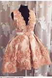 Cute A-line Deep-V Lace Appliqued Short Prom Dress Beads Homecoming Dresses PH617