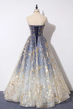 Charming Blue Floral Print Tulle Strapless Long A Line Prom Dress Dance Dress P1228