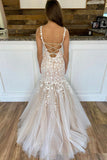 Charming Mermaid Lace Tulle Spaghetti Straps Long Appliques Prom Dress P1527