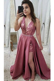 Elegant Appliques Satin Prom Dress Sleeveless Deep V Neck Long Formal Dress uk PW383