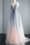 Deep V-Neck Ombre Tulle Halter Sleeveless Prom Dress Backless Formal Dress P1203