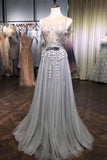 A Line Grey Tulle Beads 3D Flowers Round Neck Long Prom Dresses with Belt P1219