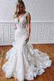 Stunning Mermaid Lace V Neck Backless Wedding Dresses Straps Wedding Gowns W1108