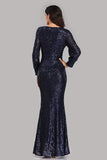 Long Split Sleeve Mermaid V-Neck Dark Navy Blue Sequins Prom Dresses, Formal Dresses XU90814