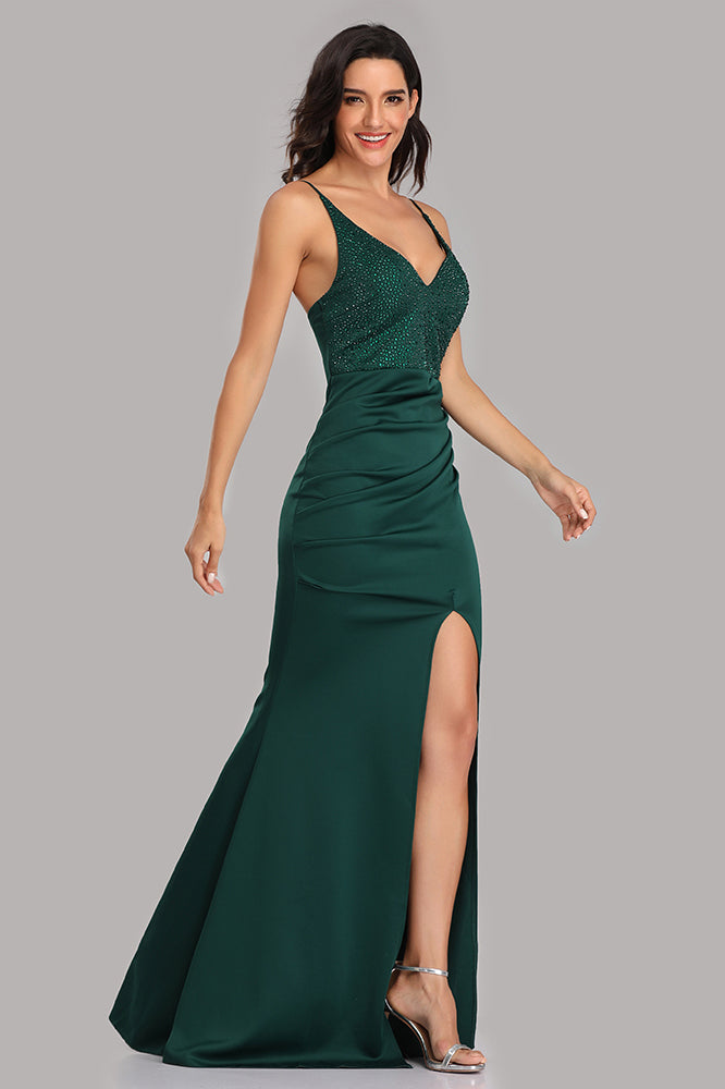 Spaghetti Straps Green Side Slit Mermaid Prom Dresses Sexy Beads V-Neck Formal Dresses XU90815
