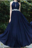 Sexy A-Line Beads Halter Cheap Royal Blue Simple Chiffon Backless Prom Dresses UK PH431