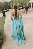 A Line Two Pieces V-Neck Satin Green Prom Dress P1434