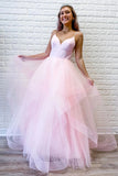 Simple Pink Tulle Ruffles Spaghetti Straps V Neck Prom Dresses, Long Formal Dresses P1576