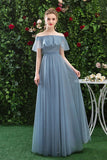 Simple Off the Shoulder Tulle Long Prom Dresses, Blue Bridesmaid Dresses P1248