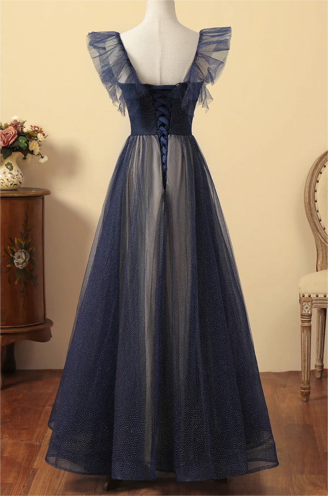 Dark Blue Flying Sleeves Prom Dress Sparkly Graduation Dress PM205