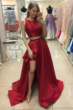 A Line Red Two Piece Satin Scoop Neck A-line Sweep Train Split Front Prom Dresses PH623