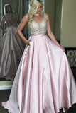 Beaded Satin Ball Gown Backless V Neck Sparkly Long Prom Dresses uk with Pockets PW94