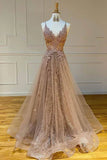 Sparkly Spaghetti Straps V Neck Lace Appliques Prom Dresses, Long Evening Dresses P1562