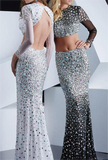 Two Pieces Crystals Beaded Long Sleeves Luxury Backless Prom Dresses PM400