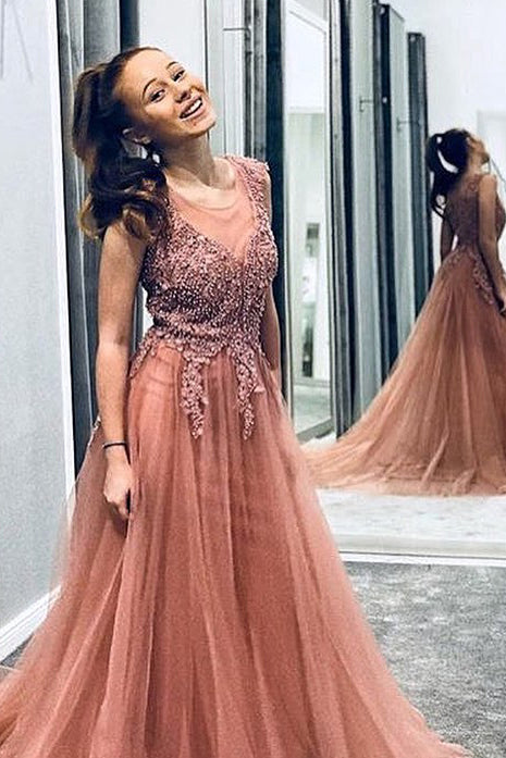 A Line Beaded Long Rosy Brown Tulle Prom Dresses, Round Neck Evening Dresses P1179
