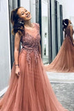 A Line Beaded Long Rosy Brown Tulle Prom Dresses, Round Neck Evening Dresses P1179