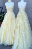 A Line Tulle Yellow Spaghetti Straps Prom Dress with Appliques P1505