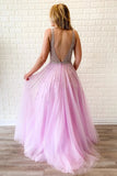 A Line Lilac Deep V-Neck Beads Modest Tulle Prom Dress Long Formal Dress P1390
