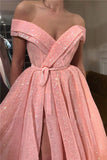 A Line Pink Sequins Off the Shoulder Prom Dress with Split V-Neck Dance Dress P1315
