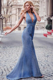 Sexy V Neck Halter Blue Backless Prom Dresses, Cheap Long Party Dresses P1171