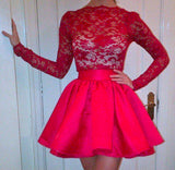 High Neckline Long Sleeves Red Lace Top Short Prom Dress Homecoming Dress H1349