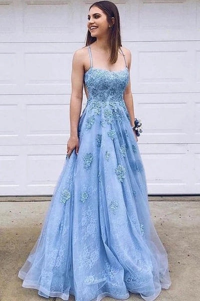 Chic Spaghetti Straps Blue Lace Tulle Long Prom Dresses, Evening Dress With Lace Applique P1138
