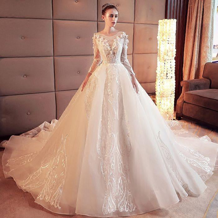2018 Gorgeous Scoop Lace Appliques Flowers White Organza Long Sleeve Wedding Dresses uk PH177