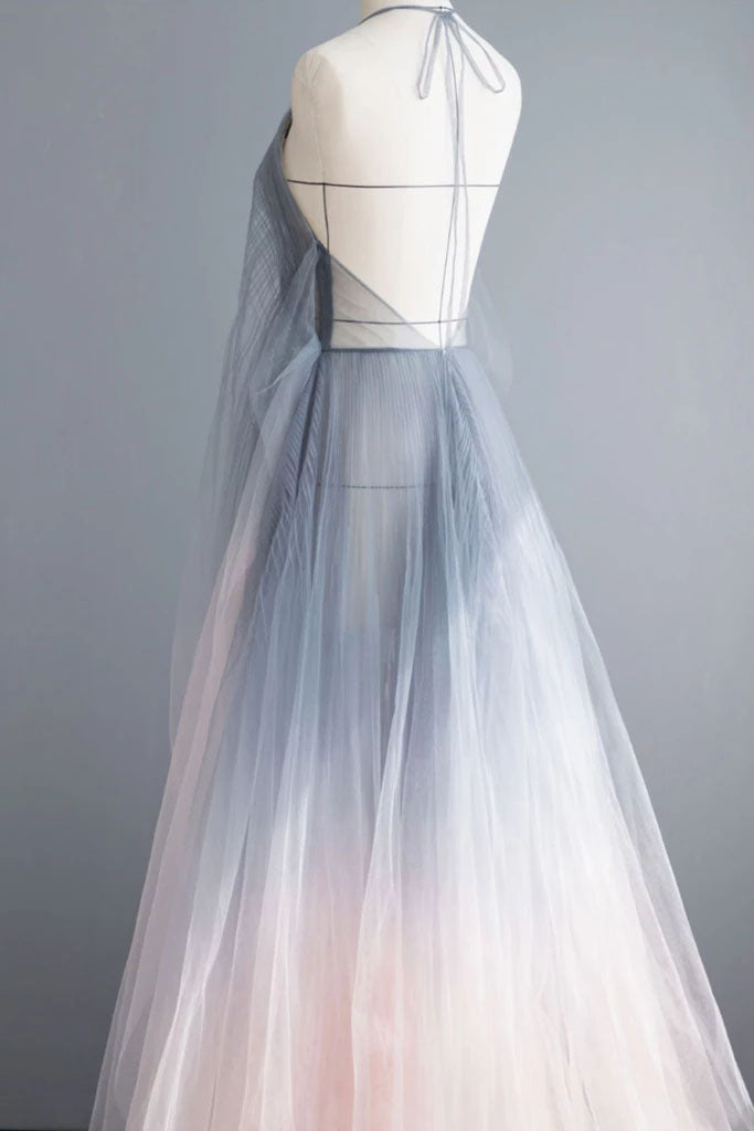 Deep V-Neck Ombre Tulle Halter Sleeveless Prom Dress Backless Formal Dress P1203