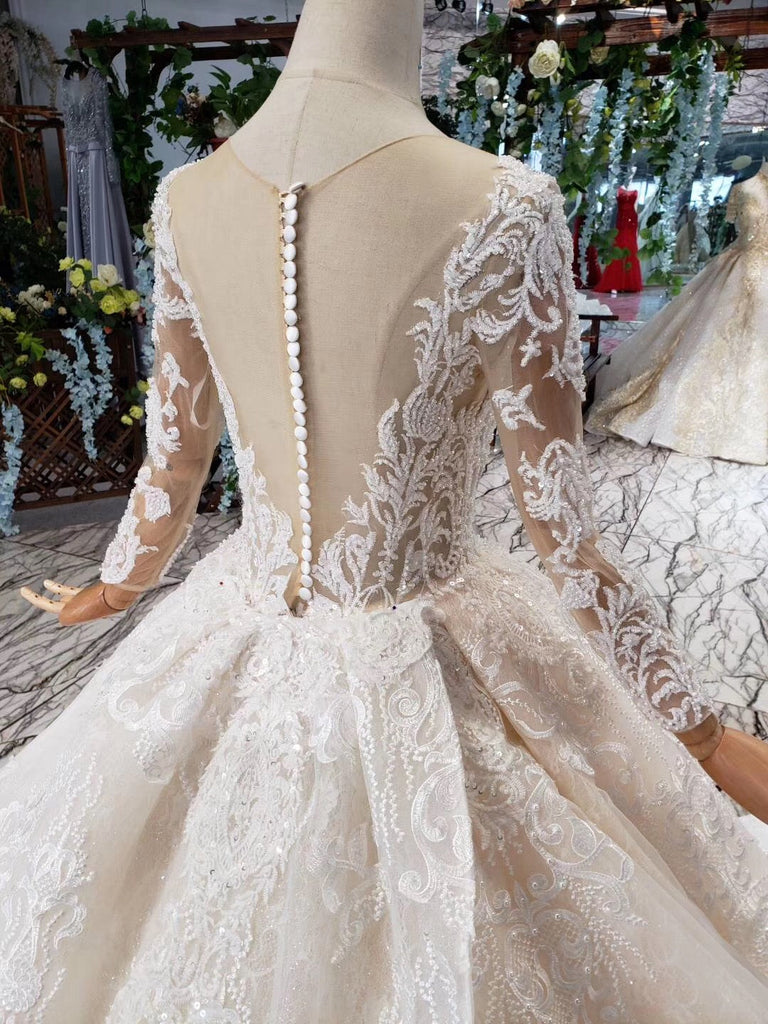 Princess Long Sleeve Beads Lace Appliques Ivory Prom Dresses Quinceanera Dresses P1070
