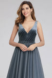 A Line V-Neck Sleeveless Blue Floor-length Evening Dress Prom Dress P1181