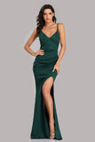 Spaghetti Straps Green Side Slit Mermaid Prom Dresses, Sexy Beads V Neck Formal Dress XU90815