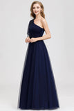 A Line One Shoulder Navy Blue Tulle Pleats Prom Dresses P1175