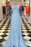 Mermaid Spaghetti Straps Light Blue Prom Dresses with Appliques Evening Dresses P1350