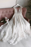 A-line V-neck Long Prom Dresses Appliques Backless Wedding Dress D437
