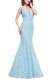 Sexy Fitted Lace Mermaid Blue V-Neck Long Prom Dresses Evening Dresses P1169