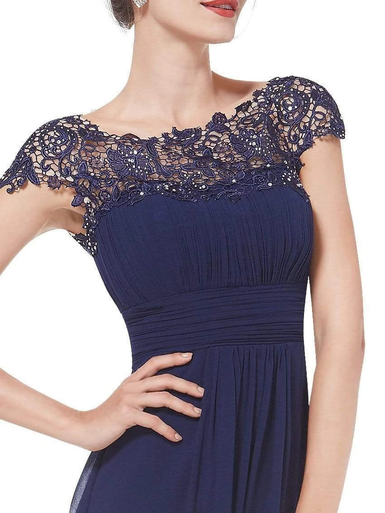 Elegant Lace Cap Sleeve Chiffon Evening Gowns Open Back Bateau Long Prom Dress P1191