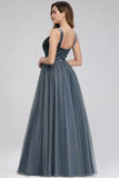 A Line V-Neck Sleeveless Blue Floor-length Evening Dress Prom Dress P1181