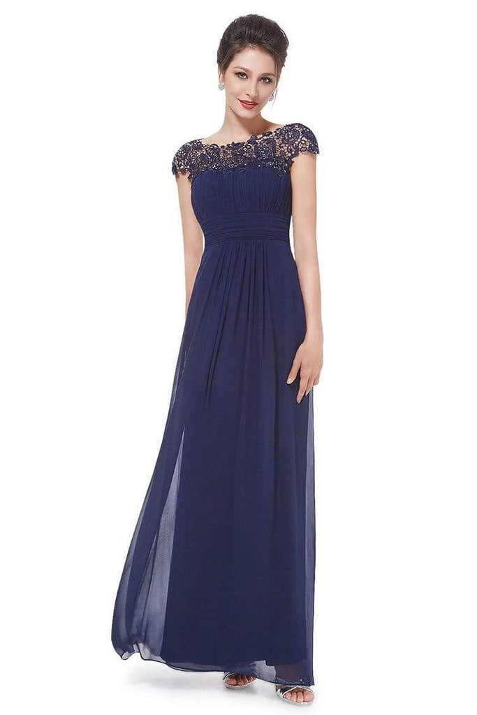 Elegant Lace Cap Sleeve Chiffon Evening Gowns Open Back Bateau Long Prom Dress P1191